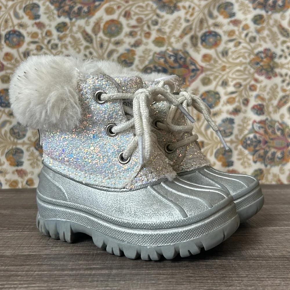 London‎ Fog Girls Lil Tadley White Glitter Faux Fur Winter Snow Boots Glam 7